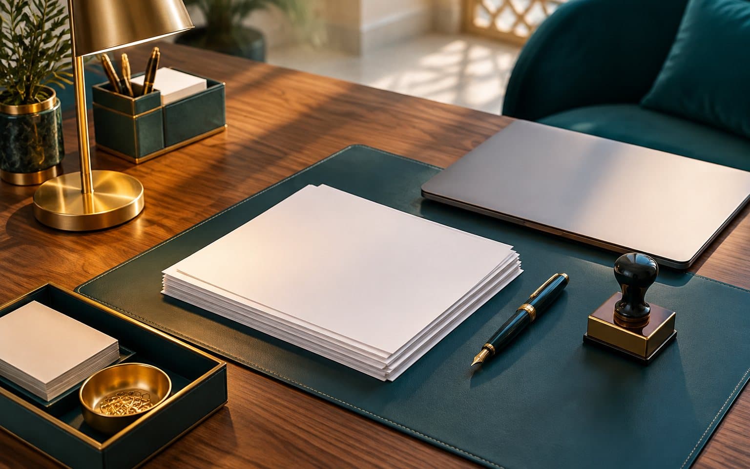 مكتب مرتب لإجراءات رسمية بأوراق وقلم وختم