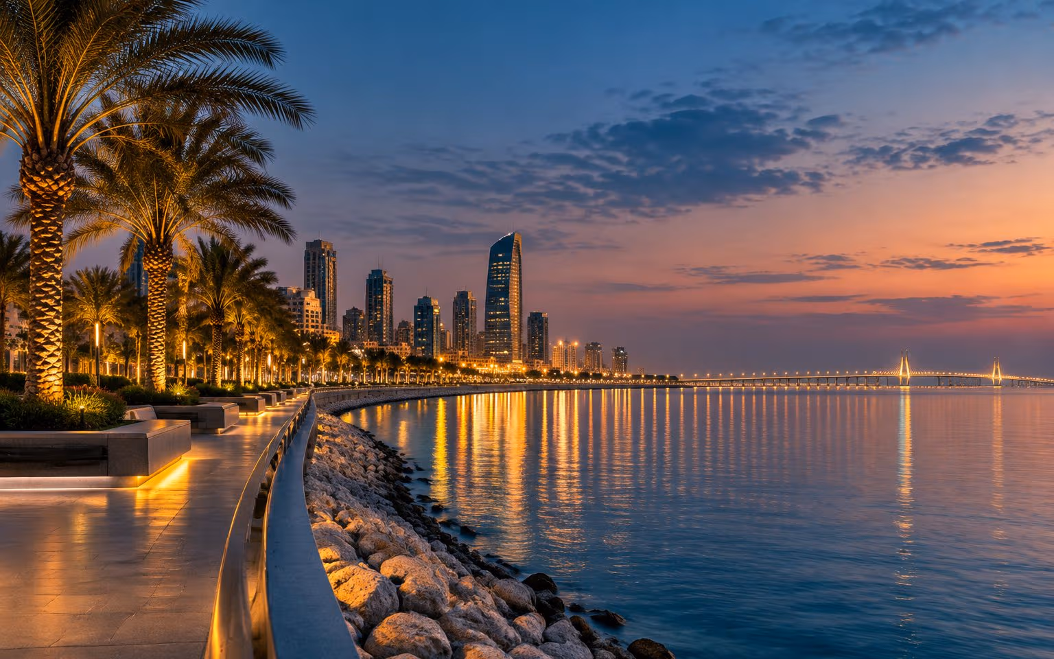كورنيش الخبر على الخليج العربي وقت الغروب بين النخيل
